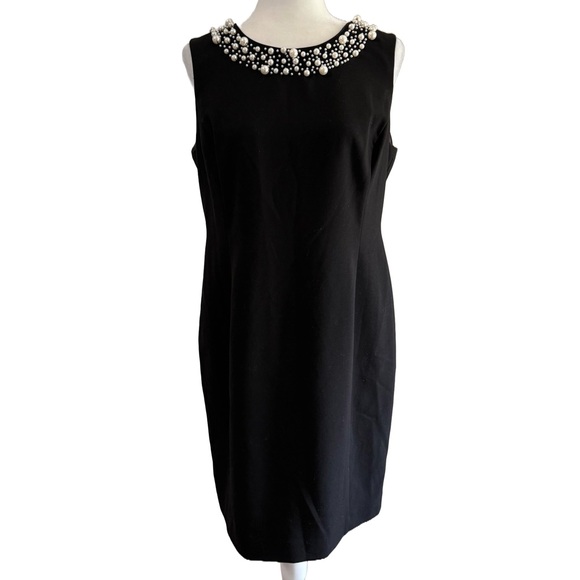 Ellen Tracy Black Shift Dress w/ Pearl Embellished Neckline | 14P Petite - Picture 2 of 13